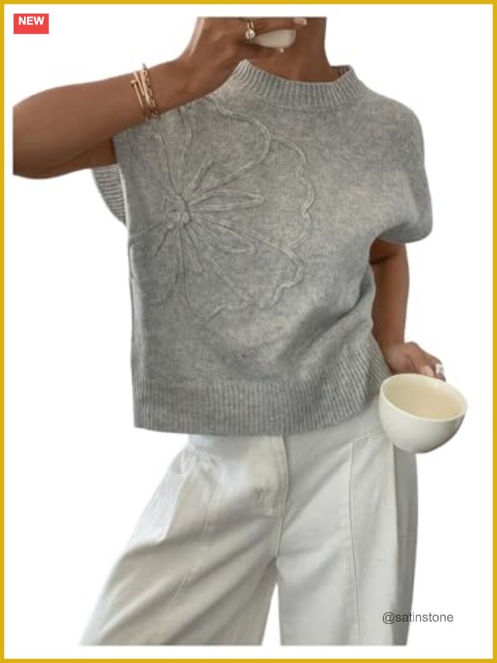 Short Sleeve Knit Sweater Vest 3D Flower Floral Crewneck Cap Sleeve Top